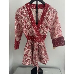 Lapis Red Floral Polka Dot Wrap Top Tunic Tie Waist Cottagecore Sz S